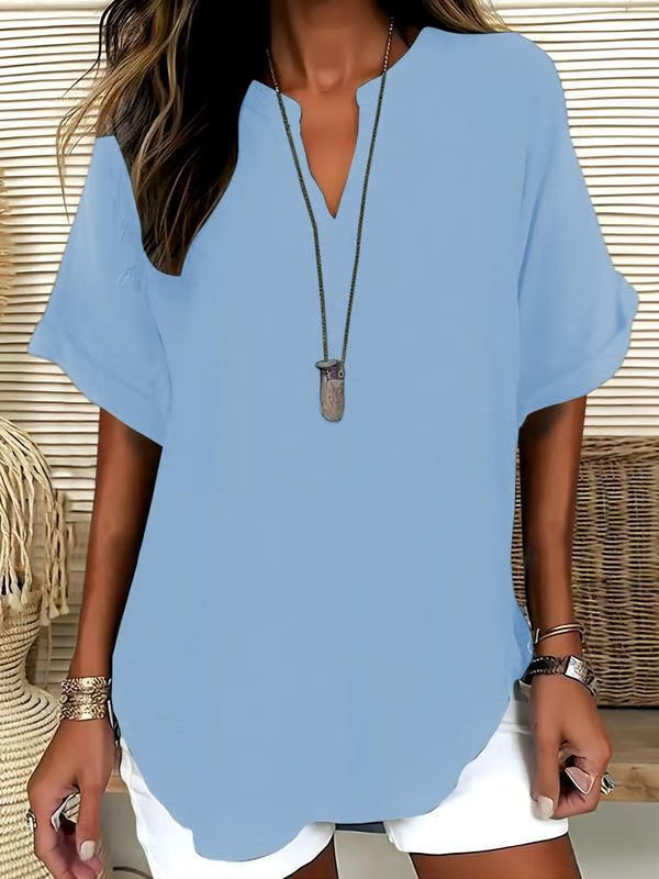🔥New Arrival 49% OFF🔥Women's Plain Short Sleeve Blouse, Casual Solid Color Top for Daily Wear, Ladies Clothes for All Seasons